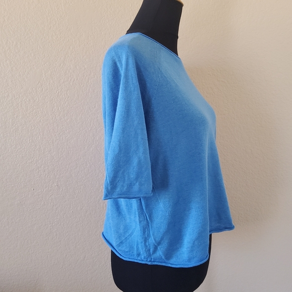EILEEN FISHER Calypso Elbow Sleeve Pullover Top XXS Blue Organic Cotton Linen - Picture 2 of 6